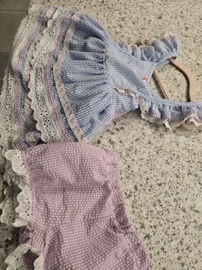 Girls Pink & Blue Gingham Ruffle Shorts Set Bums And Roses Floral Lace